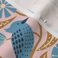 Blue Sunbird on Pink Folk Art Style