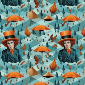 magritte inspired mad hatter on a rainy day with parasols and umbrellas