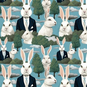 anthro white rabbit in a suit inspired by magritte