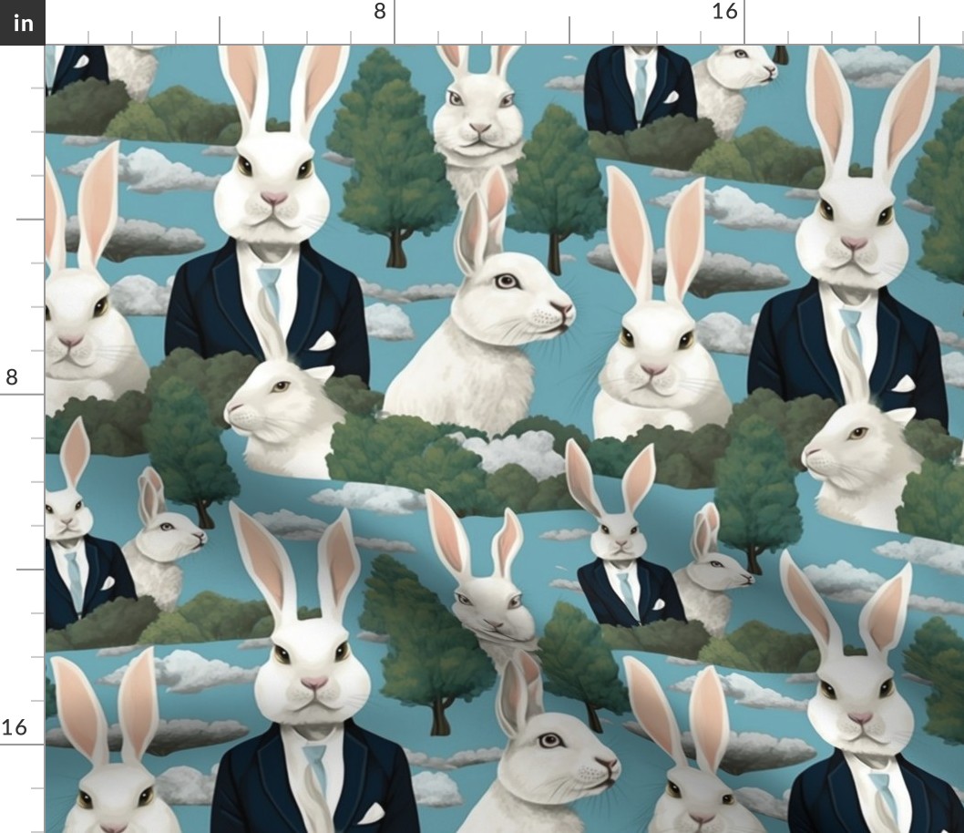 anthro white rabbit in a suit inspired by magritte