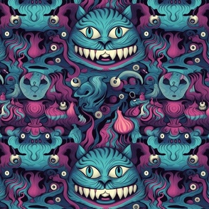 surreal psychedelic cheshire cat in magenta and teal