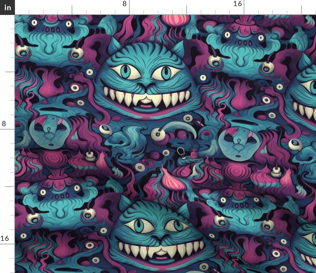 surreal psychedelic cheshire cat in magenta and teal