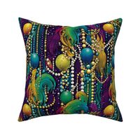 feather finery and mardi gras beads in purple green and gold