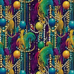feather finery and mardi gras beads in purple green and gold