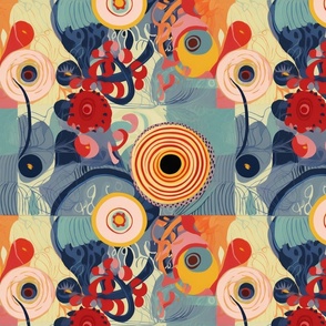 spiral floral geometric abstract in red,pink and gold inspired by hilma af klint