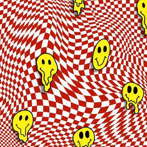 trippy smiles on checkerboard white and burnt red