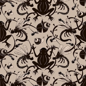 Frog Pond with Dragonflies in muted black and beige neutrals MEDIUM 18in
