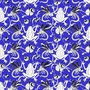 Frog Pond with Dragonflies Inverted White on Royal Blue 12in