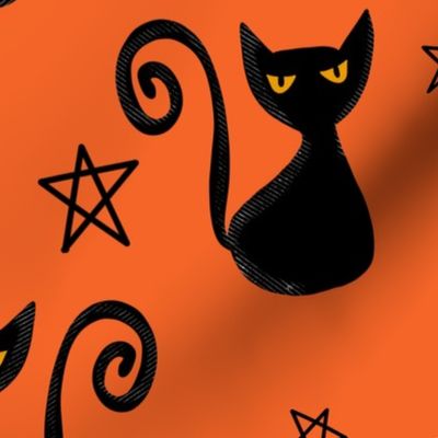  Halloween Retro Black Cat Pentagram Orange