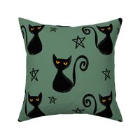  Halloween Retro Black Cat Pentagram Artichoke Green 