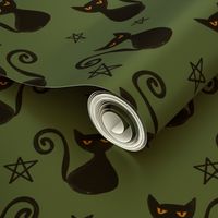  Halloween Retro Black Cat Pentagram Artichoke Green 