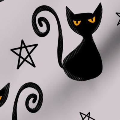  Halloween Retro Black Cat Pentagram Platinum Grey