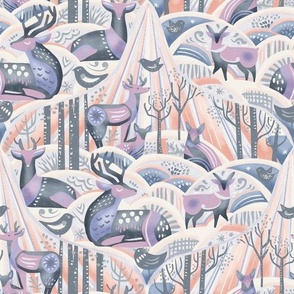 sunlit forest - cool tones winter scene in woodland - Matisse inspired abstract deer 