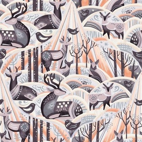 sunlit forest - neutral tones winter scene in woodland - Matisse inspired abstract deer 