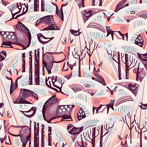 sunlit forest - pink  tones winter scene in woodland - Matisse inspired abstract deer 