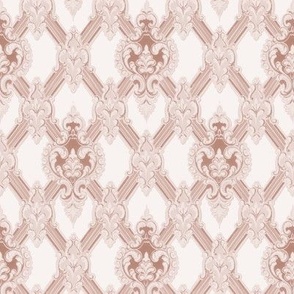 1910 Vintage Cartouche and Lattice Damask in Regency Pink - Coordinate