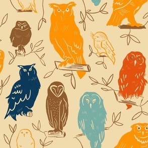 Woodland owls in bright bold multicolors