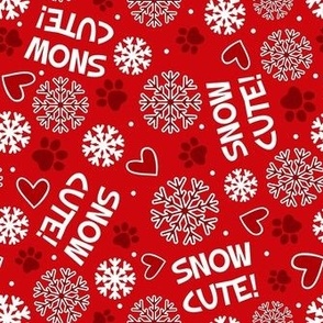 Medium Scale Snow Cute! Winter Snowflakes and Paw Prints in Red