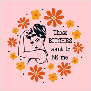 18x18 Panel Sassy Ladies These Bitches Want to Be Me on Pink for DIY Throw Pillow Cushion Cover Tote Bag