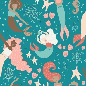 Mermaids underwater (teal and pink)