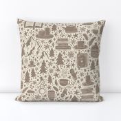 Cozy Winter Hygge - tea, cocoa, books, candles, snowflakes - textured brown tan and cream - medium