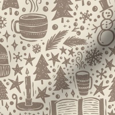 Cozy Winter Hygge - tea, cocoa, books, candles, snowflakes - textured brown tan and cream - medium