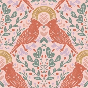 Hand-Drawn Winter Cardinal Birds with Suns in Multi Colors on a Blush Pink Ground Color_Large