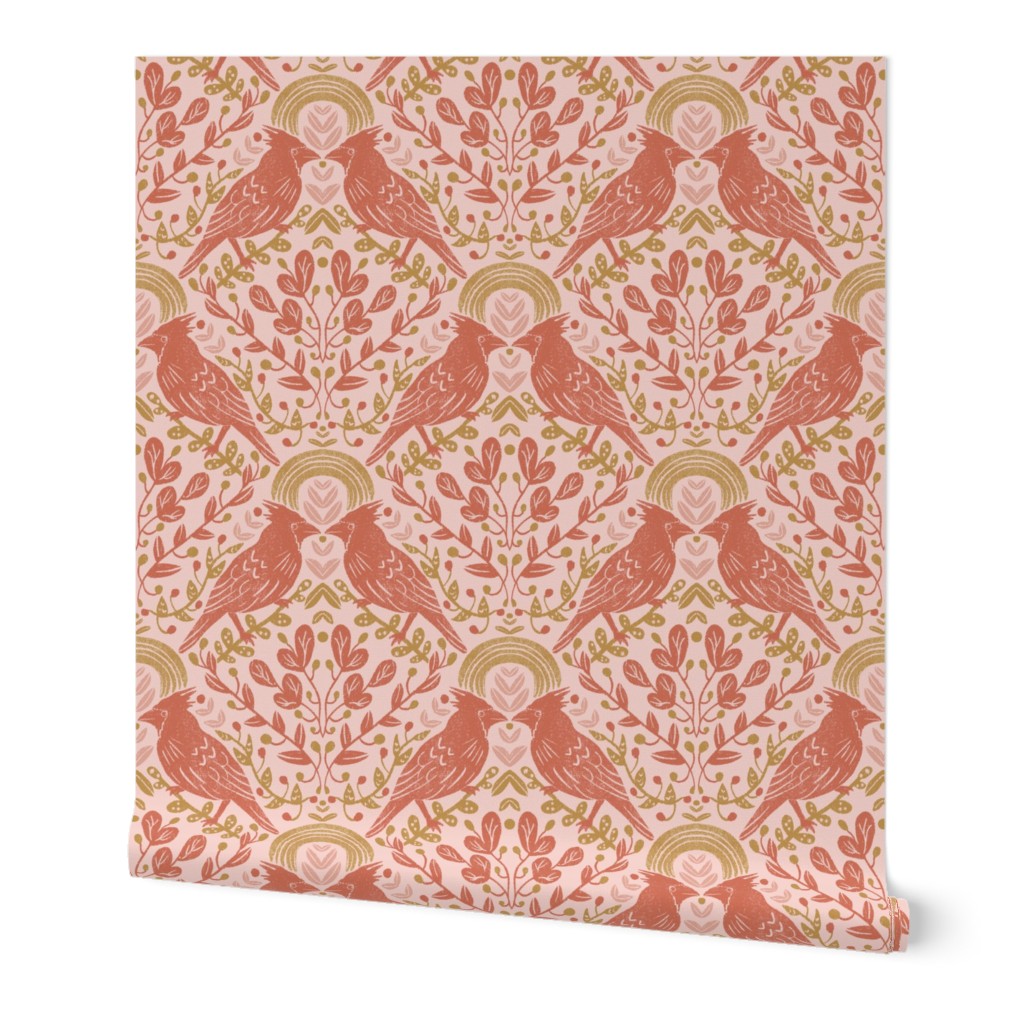 Hand-Drawn Winter Cardinal Birds with Suns in Red, Pink and Gold on a Blush Pink Ground Color