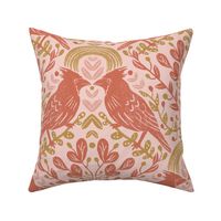 Hand-Drawn Winter Cardinal Birds with Suns in Red, Pink and Gold on a Blush Pink Ground Color