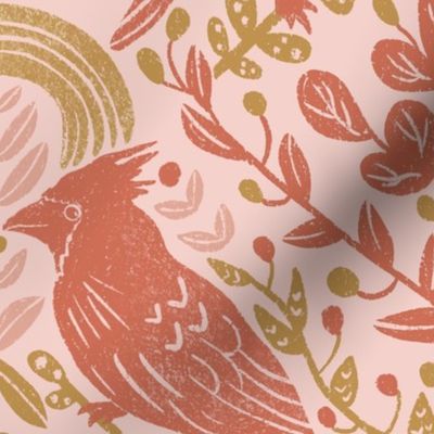 Hand-Drawn Winter Cardinal Birds with Suns in Red, Pink and Gold on a Blush Pink Ground Color