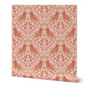 Hand-Drawn Winter Cardinal Birds with Suns in Red, Pink and Gold on a Blush Pink Ground Color