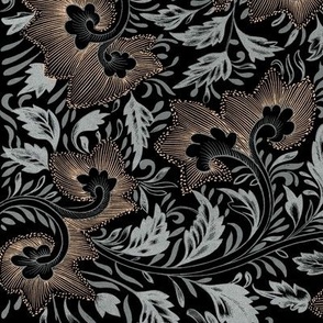 1866 Vintage Chinese Swirling Floral by Owen Jones - in Metallic Copper on Grey and Black