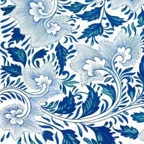1866 Vintage Chinese Swirling Floral by Owen Jones - in Ocean Multi on White