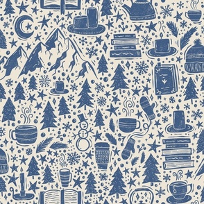 Cozy Winter Hygge - tea, cocoa, books, candles, snowflakes - textured blue and cream - medium
