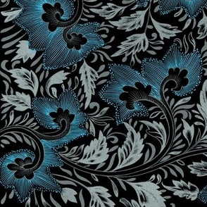 1866 Vintage Chinese Swirling Floral by Owen Jones - in Metallic Teal on Mint and Black