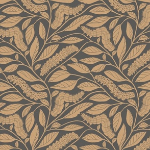 Block print flax yellow caterpillars and leaves on a charcoal gray background. Medium