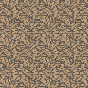  Block print flax yellow caterpillars and leaves on a charcoal gray background. Small