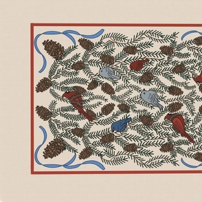 Vintage Winter birds, pine cones and boughs tea towel, blue, red, taupe 