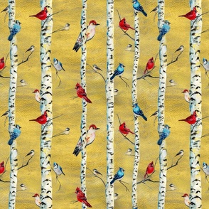Birch trees & Winter Birds Painted in Watercolor - Cardinals Blue jays Chickadees Red Bellied Woodpecker with Gold Sunlit Forest