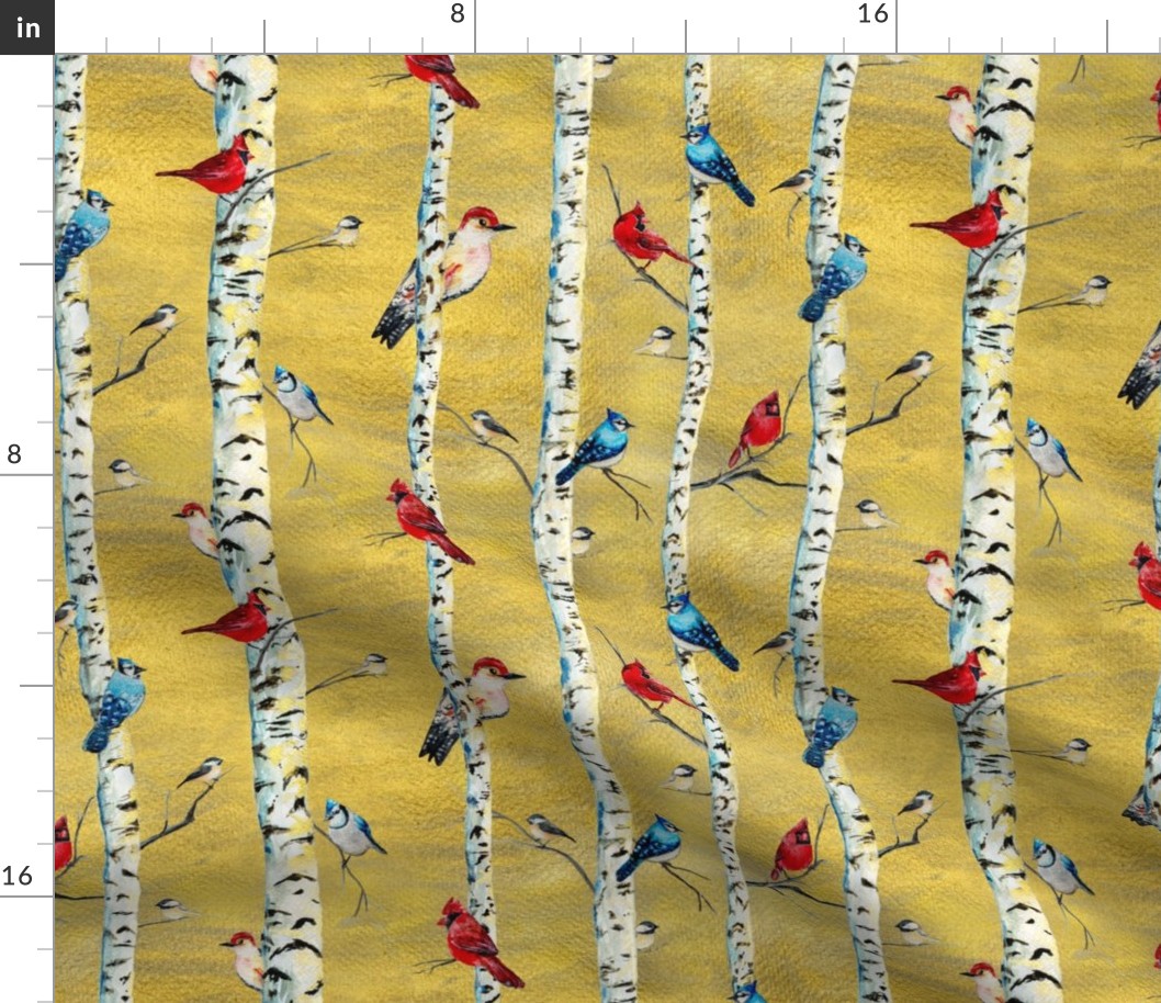 Birch trees & Winter Birds Painted in Watercolor - Cardinals Blue jays Chickadees Red Bellied Woodpecker with Gold Sunlit Forest