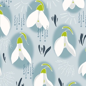(XL) Apricity happiness - white snowdrops on blue shadow, sun and icicles on light blue