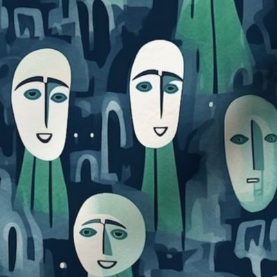 cubism ghosts in blue and green inspired by modigliani