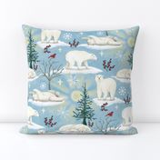 Polar bears in the arctic sun - with snowflakes, trees, red berries & pine grosbeak bird