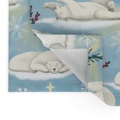 Polar bears in the arctic sun - with snowflakes, trees, red berries & pine grosbeak bird