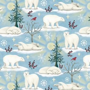 Polar bears in the arctic sun - with snowflakes, trees, red berries & pine grosbeak bird