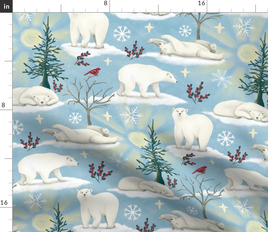 Polar bears in the arctic sun - with snowflakes, trees, red berries & pine grosbeak bird