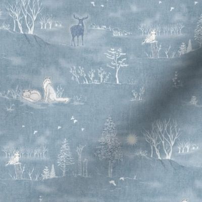 Winter Forest Toile, White on Silver Blue | Sunrise forest fabric, snow, nature, woodland trees, sunset, natural Christmas fabric, dawn and dusk, blue and white hand drawn Scandinavian wildlife: fox, moose and owl.