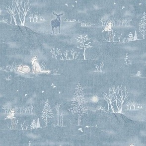 Winter Forest Toile, White on Silver Blue | Sunrise forest fabric, snow, nature, woodland trees, sunset, natural Christmas fabric, dawn and dusk, blue and white hand drawn Scandinavian wildlife: fox, moose and owl.