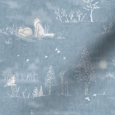 Winter Forest Toile, White on Silver Blue (large scale) | Sunrise forest fabric, snow, nature, woodland trees, sunset, natural Christmas fabric, dawn and dusk, blue and white hand drawn Scandinavian wildlife: fox, moose and owl.