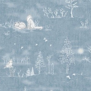 Winter Forest Toile, White on Silver Blue (large scale) | Sunrise forest fabric, snow, nature, woodland trees, sunset, natural Christmas fabric, dawn and dusk, blue and white hand drawn Scandinavian wildlife: fox, moose and owl.